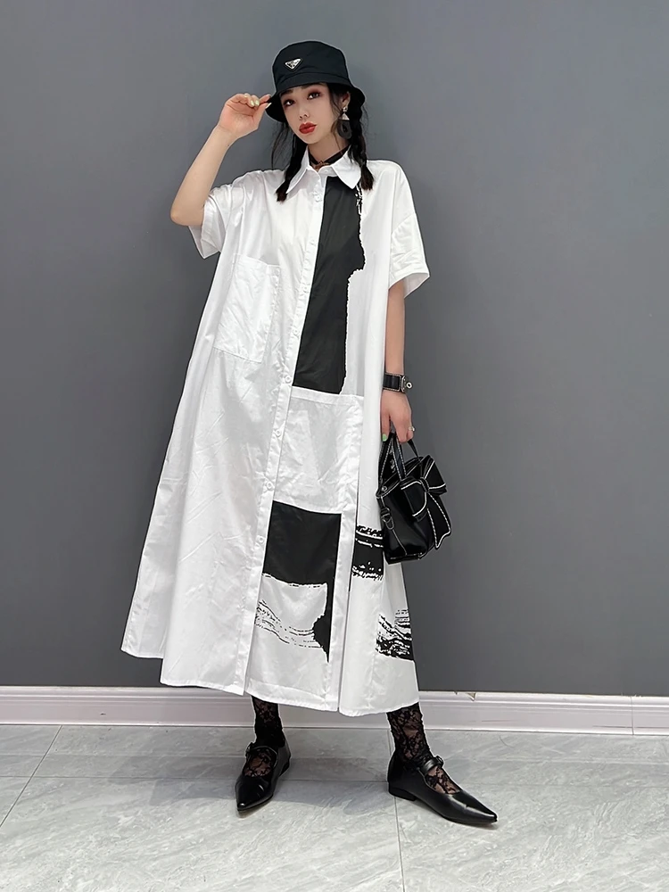 

SuperAen 2022 Summer New Fashion Korean Shirt Dress Oversized Turn-down Collar Casual Woman Dress