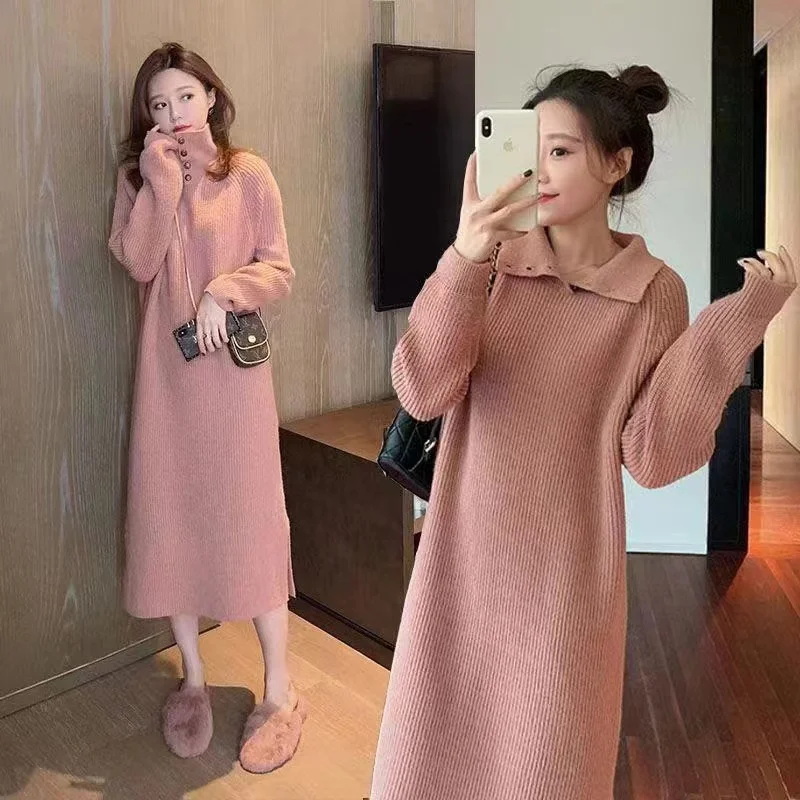 

1083# Autumn Winter Thick Warm Knitted Maternity Long Sweaters Loose Straight Dress Clothes for Pregnant Women Pregnancy Casual