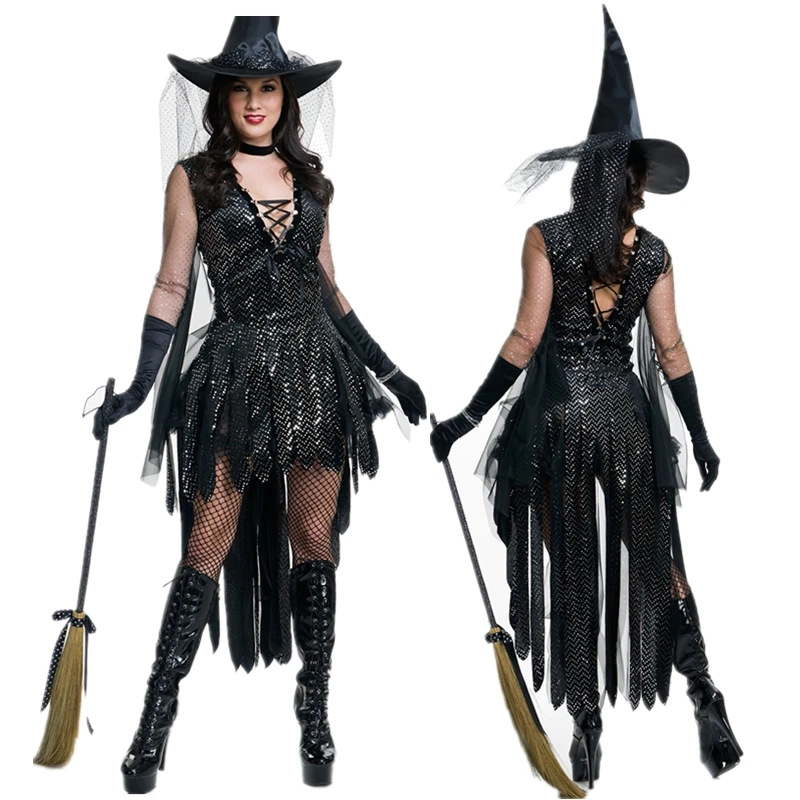 

Halloween Ladies Black Sequins Witch Costume Adult Women Book Day Wicked Sorceress Fancy Dress