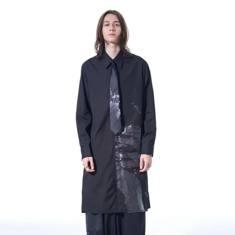 Shi Męska koszula niszowy średniej długości odblaskowy nadruk luźna wiatrówka z długim rękawem fala ciemny szykowny trencz nowy płaszcz