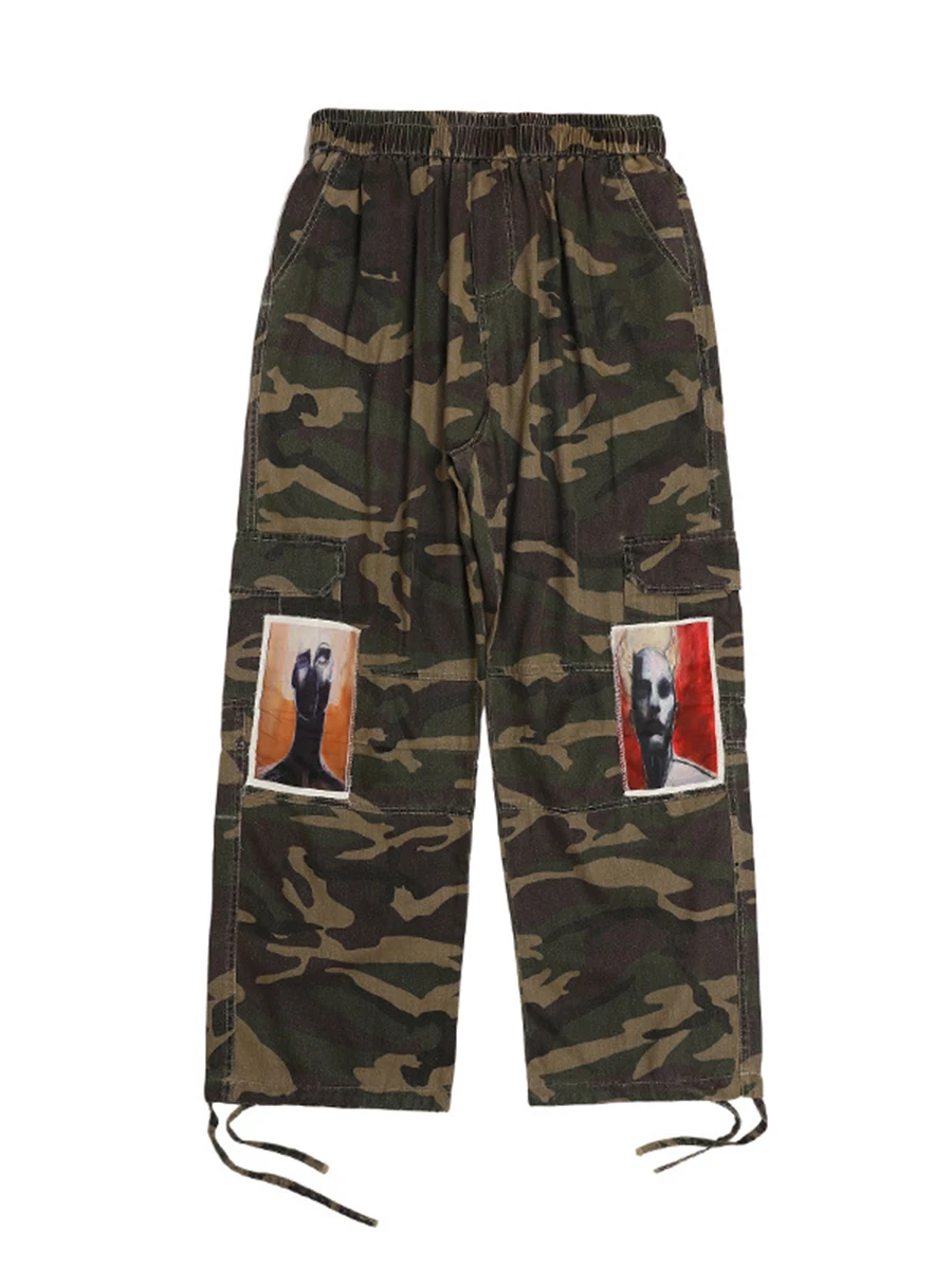 Four Seasons Men's Workwear Camo Pants American Vintage Patch Camouflage Workwear Casual Pants Men's Trousers Streetwear Men's