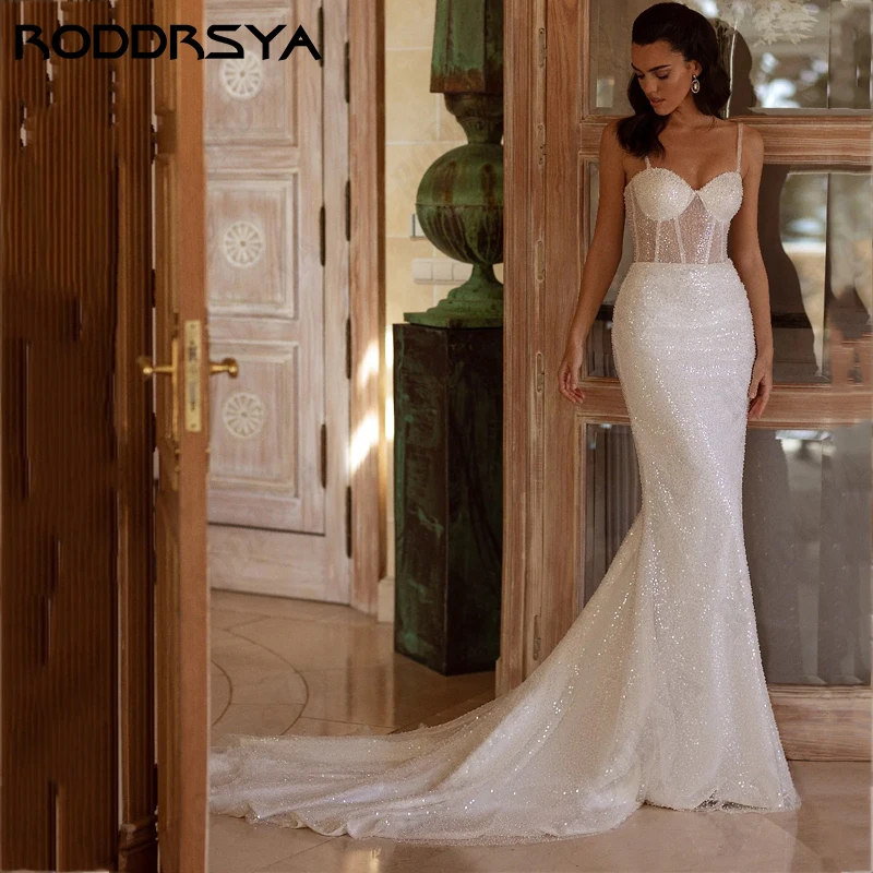 

RODDRSYA Mermaid Wedding Dress for Woman Shining Tulle Sequin Bridal Gown Romantic Sleeveless Lace Up Backless Vestido De Novia