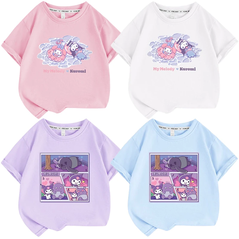 

Sanrios Anime Cartoon Kuromi My Melody Children Summer Short Sleeve Cute Girls Clothing Top T-shirt Half Sleeve Bottoming Shirt