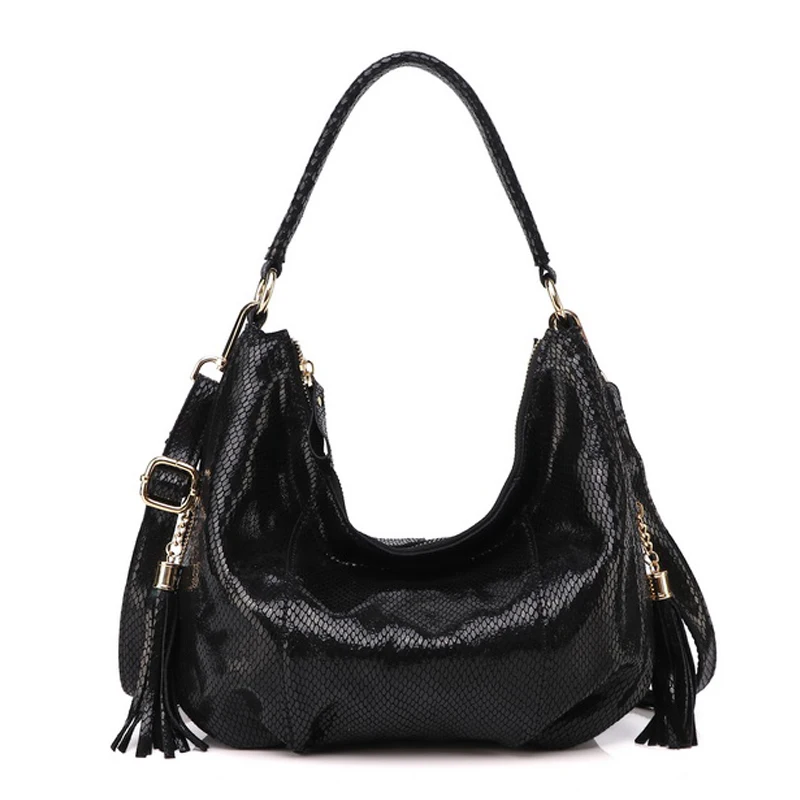 

100% Real Leather Shoulder Bag Metallic Color Serpentine Embossed Handbag Female Casual Stylish Tote Hobos Cross Body Bags New