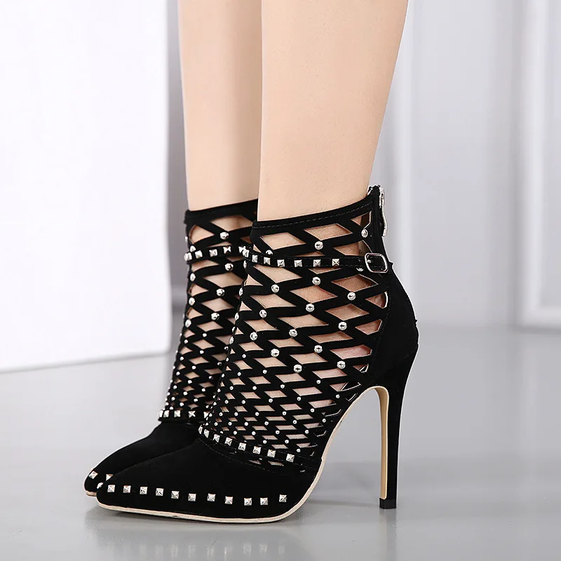 

Gladiator Sandals Summer Spring Pointed Toe Rivets Studded Cut Out Caged Ankle Boots Stiletto Heel Women Shoes