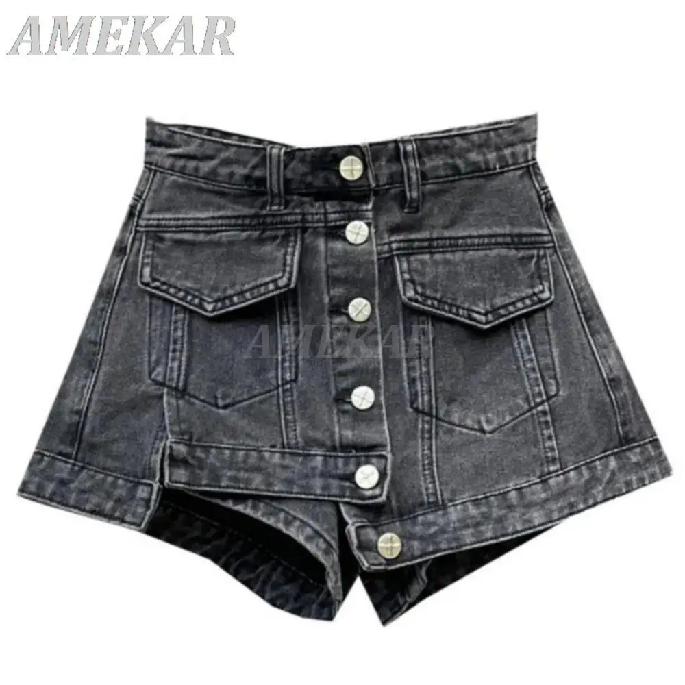 Women's Solid Jean Hot Pants Fake 2-Pieces High Waist A-line Denim Shorts Streetwear Gothic Lady Summer Pocket Chic Short Jeans