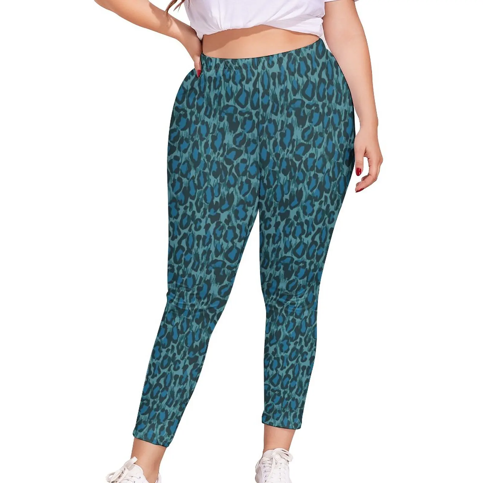 

Blue Leopard Print Leggings Funky Animal Casual Leggins Woman Street Stretch Printed Pants Large Size