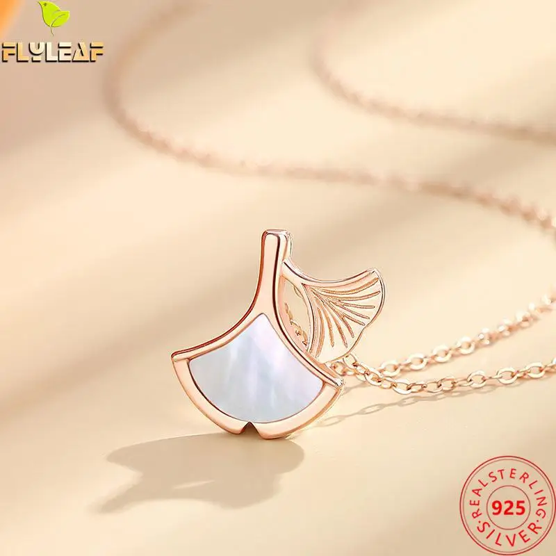 

Real 925 Sterling Silver Jewelry Shell Ginkgo Leaves Pendant Necklace Women Rose Gold Plating Original Design Luxury Accessories