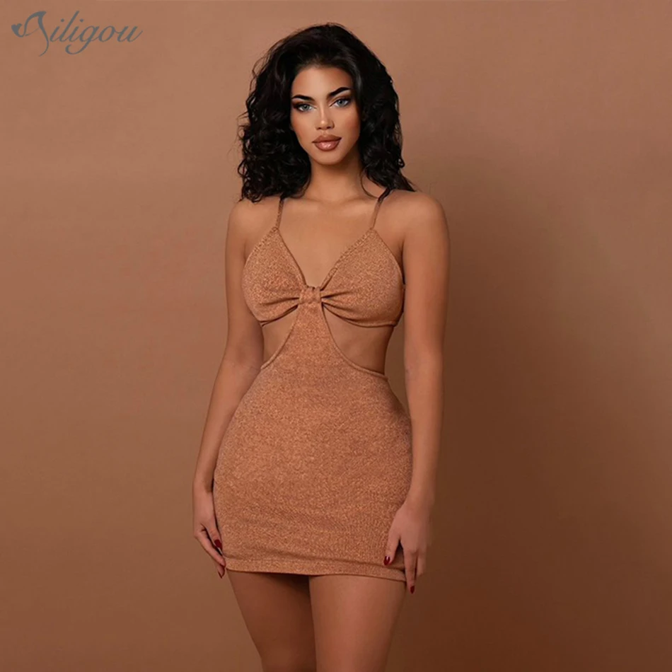 

Мини-платье Ailigou с V-образным вырезом, модное ажурное пикантное вечернее Клубное Бандажное платье абрикосового цвета с лямкой на шее, лето 2022