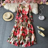 spring elegant women red floral mixi dress ladies long sleeve o neck chiffon dress summer holiday robe female vestidos