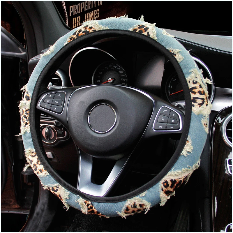 

Universal Car Steering Wheel Cover Leopard Denim Steering Covers Suitable Car-styling Auto Steering-Wheel Cover Car Accessories