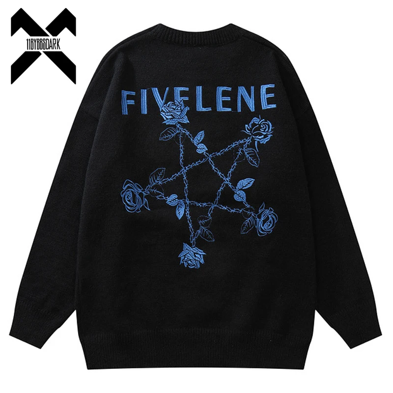 

Свитер мужской с вышивкой в виде роз, свободные вязаные пуловеры, уличная одежда в стиле хип-хоп, джемпер, черная трикотажная одежда, осень-з...