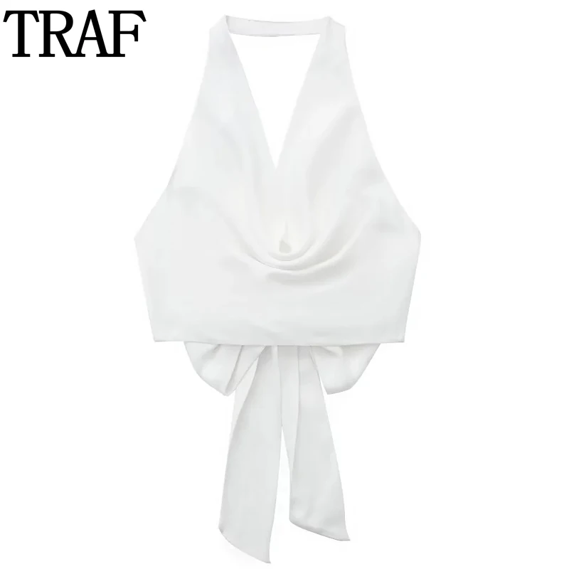 

TRAF White Crop Top Women Off Shoulder Halter Top Female Sexy Backless Summer Tops for Women 2023 Knot Satin Beach Tops Ladies