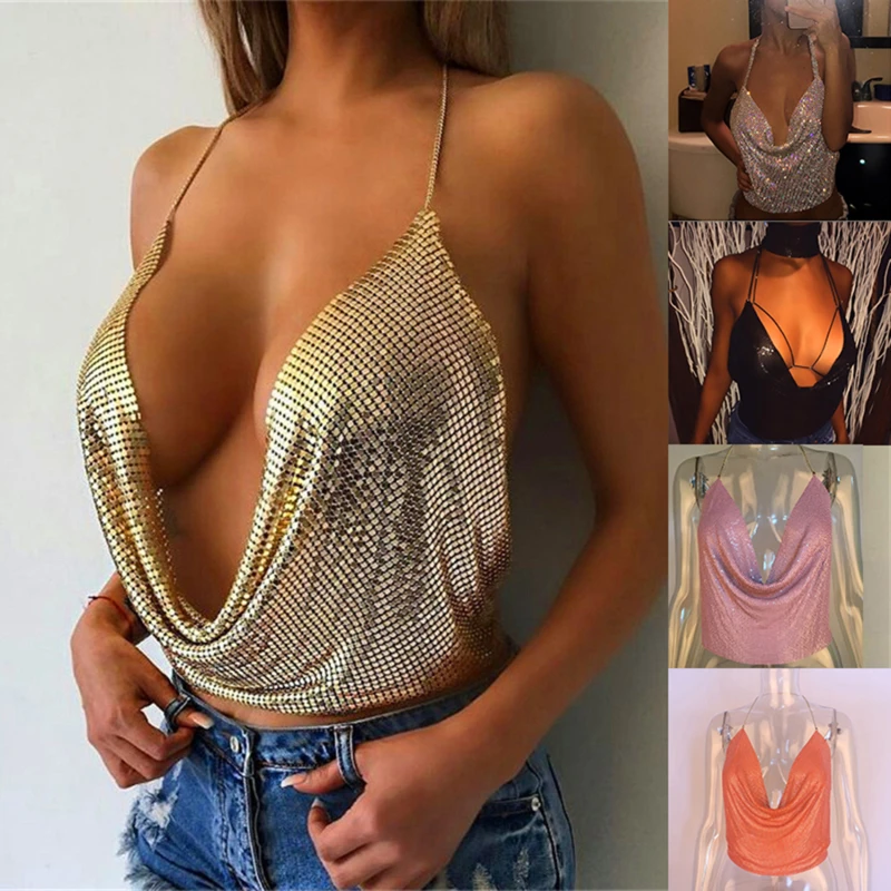 

Summer Women Elegant Sexy Shiny Metal Texture Suspender Top Club Backless Bralette Beach Halter Gold Sequined Tank Top Camisole