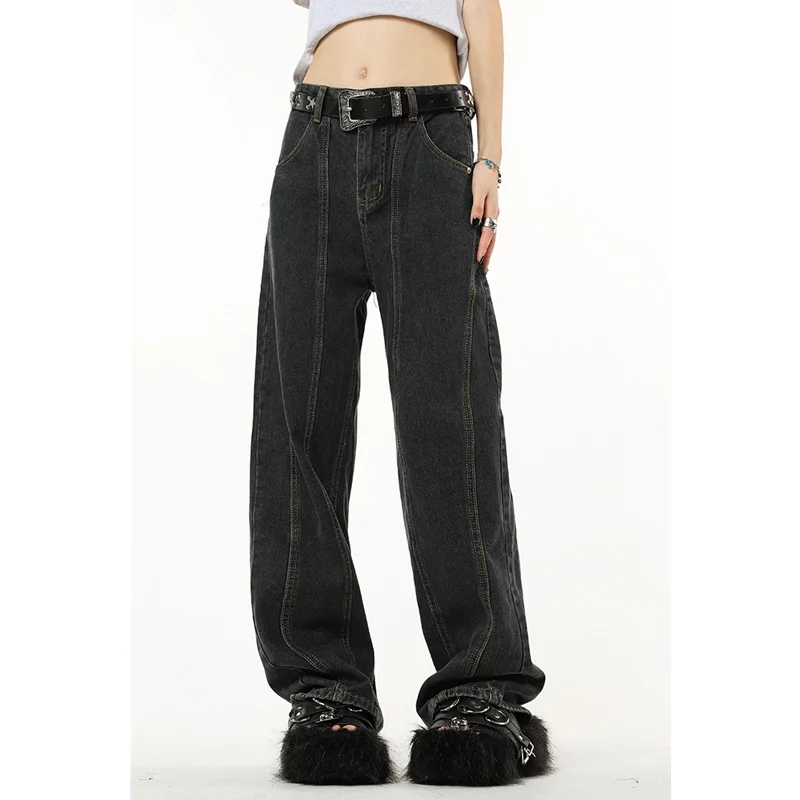 

Hot jeans,2023 Winter Vintage Navy Blue High Waist Women Jeans American Fashion Streetwear Wide Leg Jean Female Trouser Straight