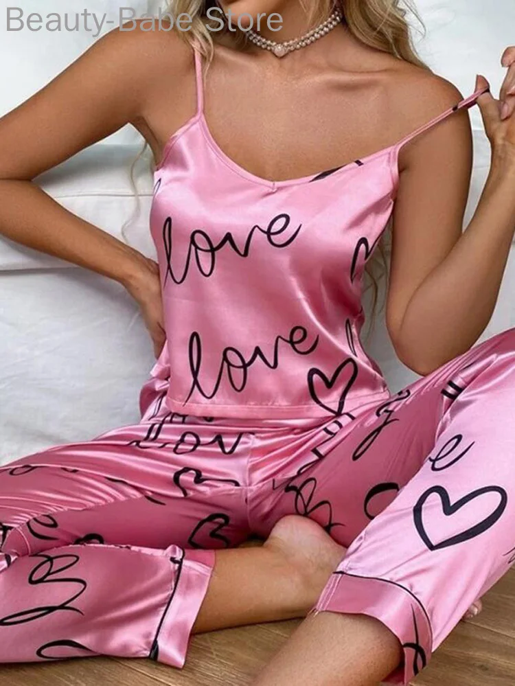 

Женский Сексуальный Атласный топ на бретельках с принтом и штаны с высокой талией, пижамный комплект из 2 предметов