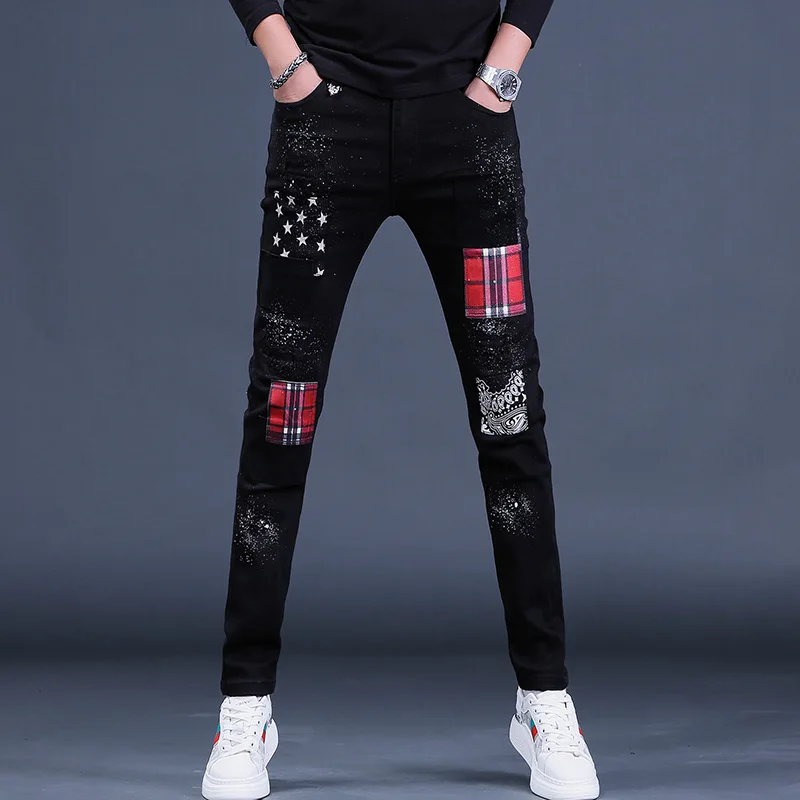 Autumn Black Ripped Patch Jeans Men Streetwear Plaid Patchwork Pants Fashion Star Printed Casual Stretch Slim Fit Denim Trousers