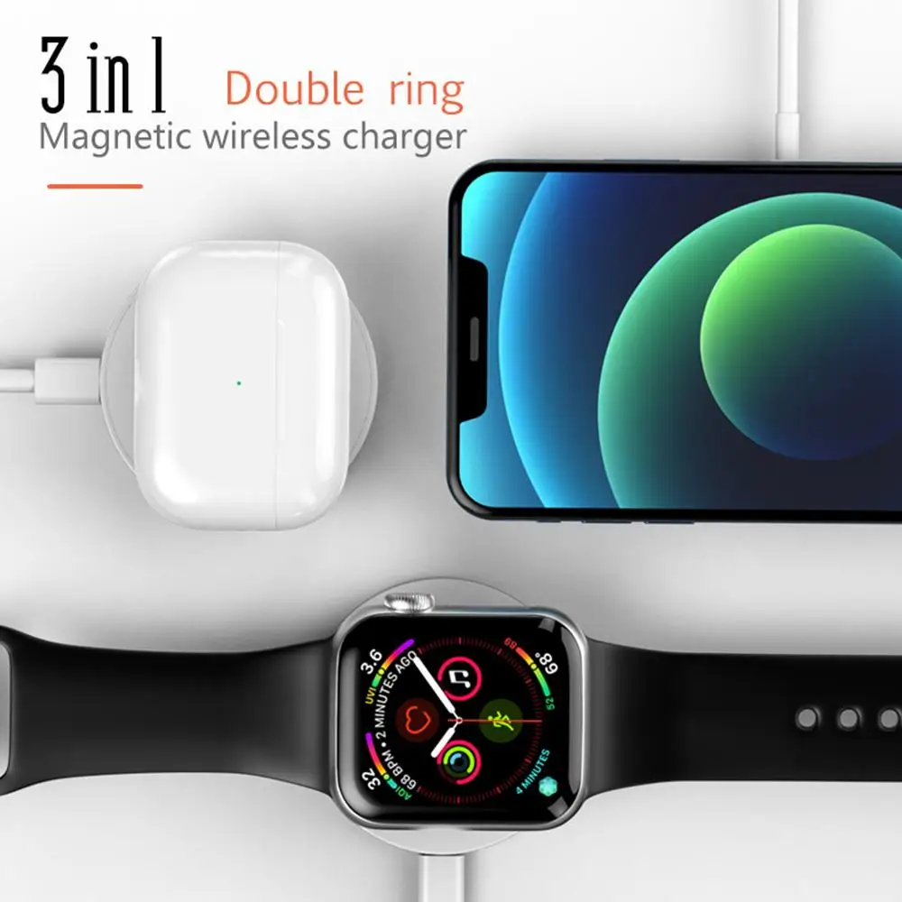 

Магнитное Беспроводное зарядное устройство 3 в 1 для наушников Apple Watch, 15 Вт, подставка для быстрой зарядки для IPhone, зарядное устройство F6M9