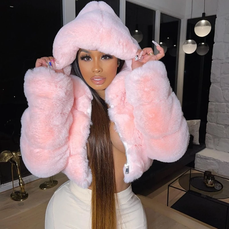 

short hooded fur jacket Winter Clothes High Quality Faux Fox Fur Coat Women Vintage Cap Mink Short Hooded Jackets Furry Coat Top