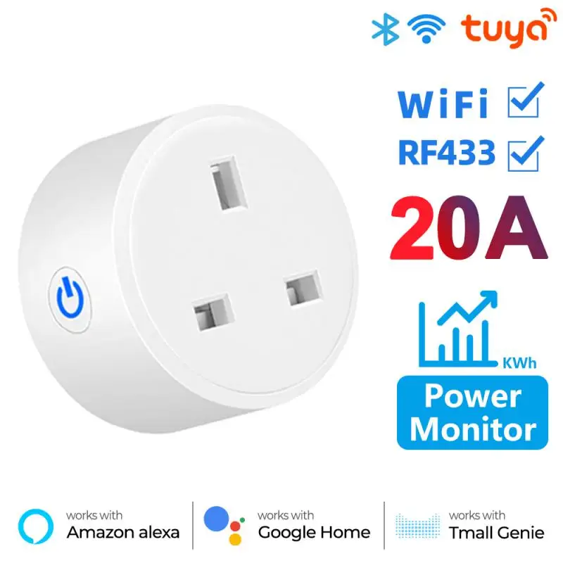 

20A Tuya Smart Plug Socket UK WiFi + 433MHz With Power Monitor Smart Life APP Remote Timing Control Works With Alexa Google Home