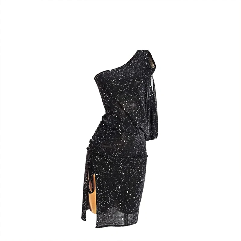 Dance Costume Women'S Mesh One Shoulder Long Sleeve Latin Dress Standard Ballroom Dancing Dresses Black Shining Dance Wear