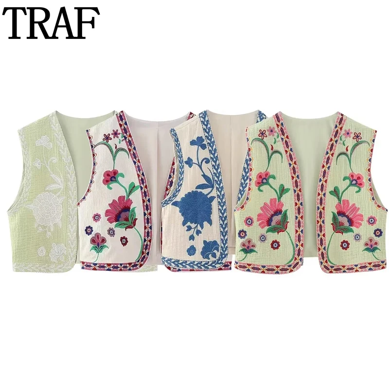 

TRAF 2023 Women's Vests Sleeveless Flower Embroidered Vest For Women Streetwear Vintage Short Vest Fashion Summer Waistcoat
