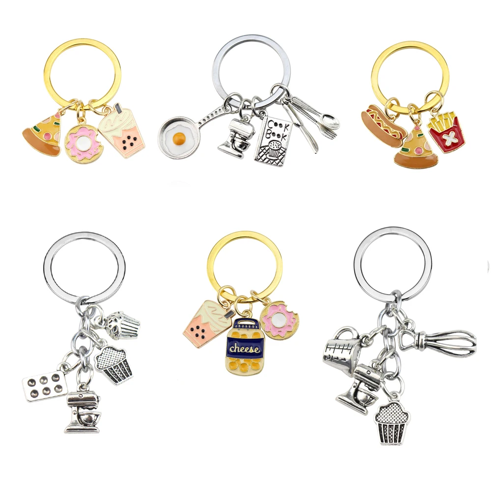 New Cooking Keychain Dinner Key Ring Cook Book Knife And Fork Beater Blender Frying Pan Key Chain Chef Gift DIY Handmade Jewelry