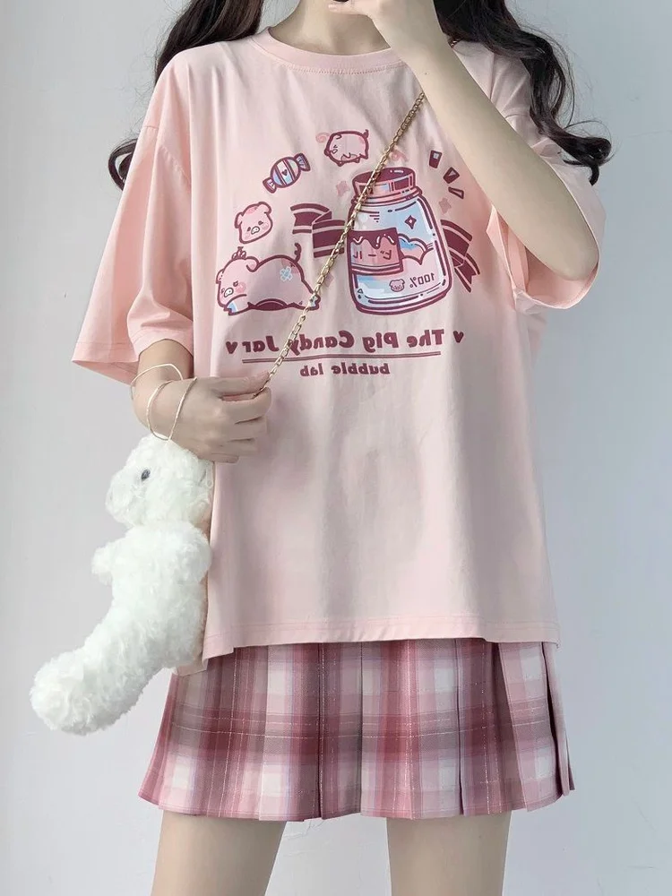 Deeptown Summer Kawaii T-shirt Women Cute Pig Cartoon Print Tee Short Sleeve Japanese Sweet Girl Harajuku Graphic Top Femme 2022