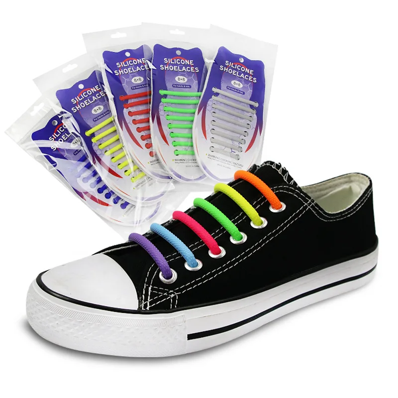 16pcs/Set Silicone No Tie Shoelaces Round Elastic Shoe Laces Best in Sports Fan Shoelaces for Kids and Adults Rubber Lazy Laces