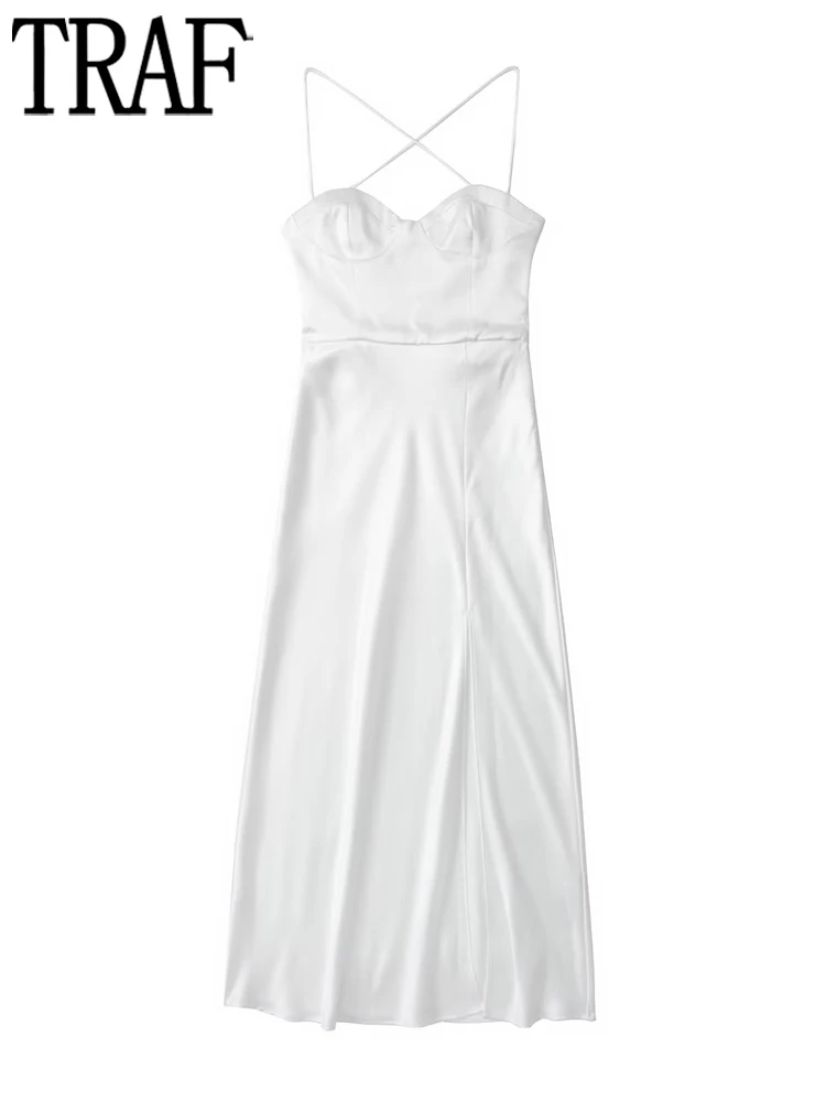 

TRAF White Corset Long Dress Women Satin Slip Midi Dress Woman Sexy Backless Party Dresses for Women Cross Straps Summer Dress