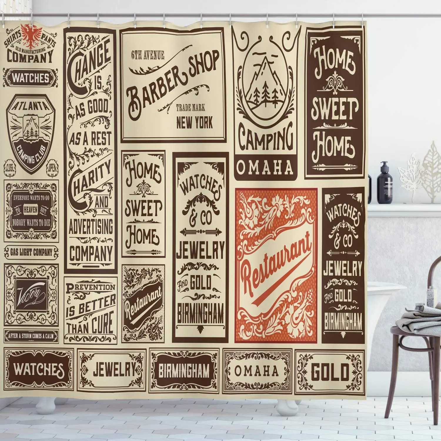 

Antique Shower Curtain, Composition of Old Advertisement Designs Newspaper Nostalgia Illustration, Cloth Fabric Bathroom Decor