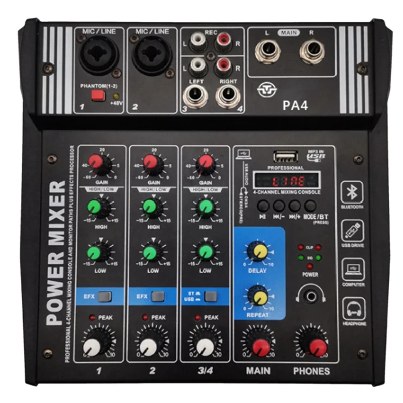

Sound Card Audio Mixer Sound Board Console Desk System Interface 4 Channel USB Bluetooth +48V Power Stereo (EU Plug)