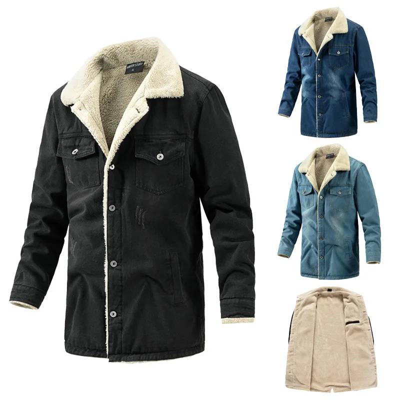 Men's Denim Jacket Winter Mid-length Lapel Plus Velvet Thickened Washed Slim Fit Trend Men's Coat