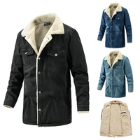 mens denim jacket winter mid length lapel plus velvet thickened washed slim fit trend mens coat
