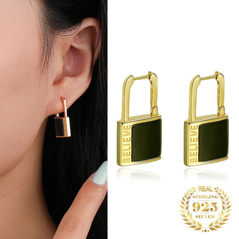 

Fashion Jewelry Lock Shape Letters Drop Earrings Sterling Silver 925 Agate Malachite Women 18K Gold Plated Hoop Earrings