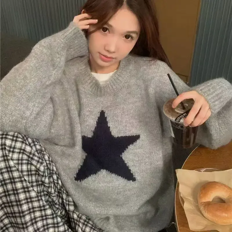 Deeptown Y2K Эстетический звездный свитер женский Harajuku винтажный серый вязаный