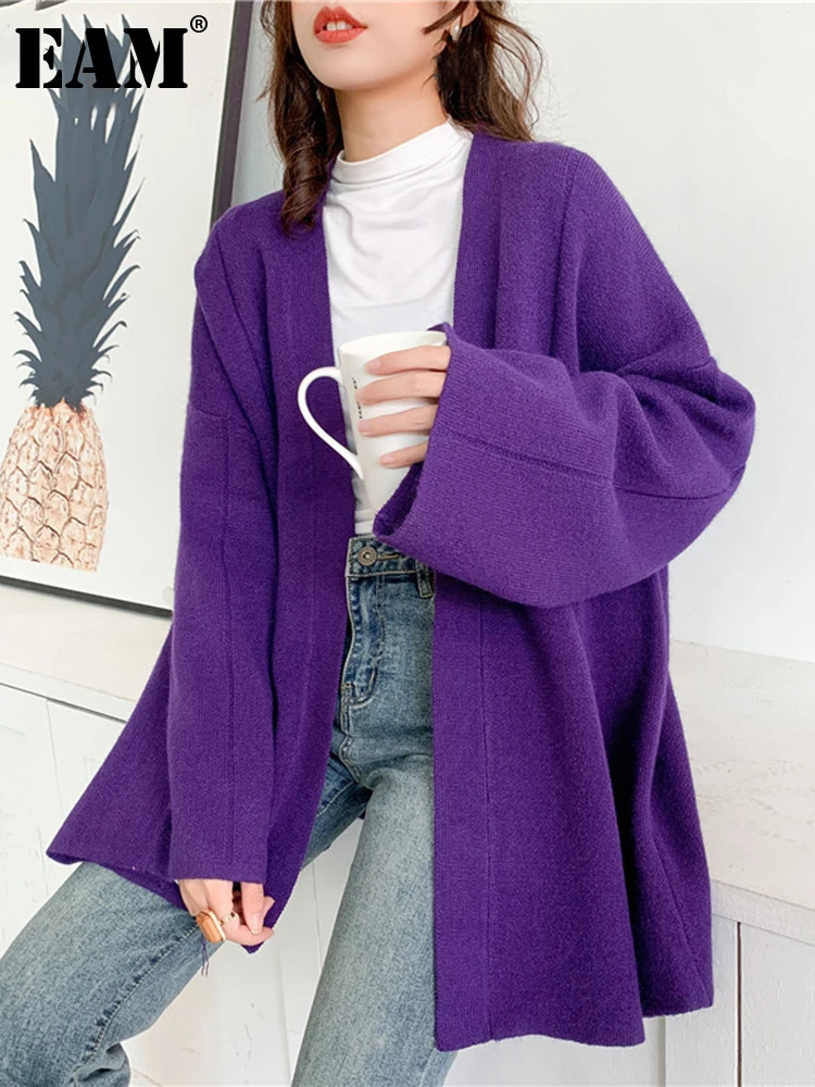 

[EAM] Purple Big Size Knitting Cardigan Sweater Loose Fit V-Neck Long Sleeve Women New Fashion Tide Autumn Winter 2023 1DA708