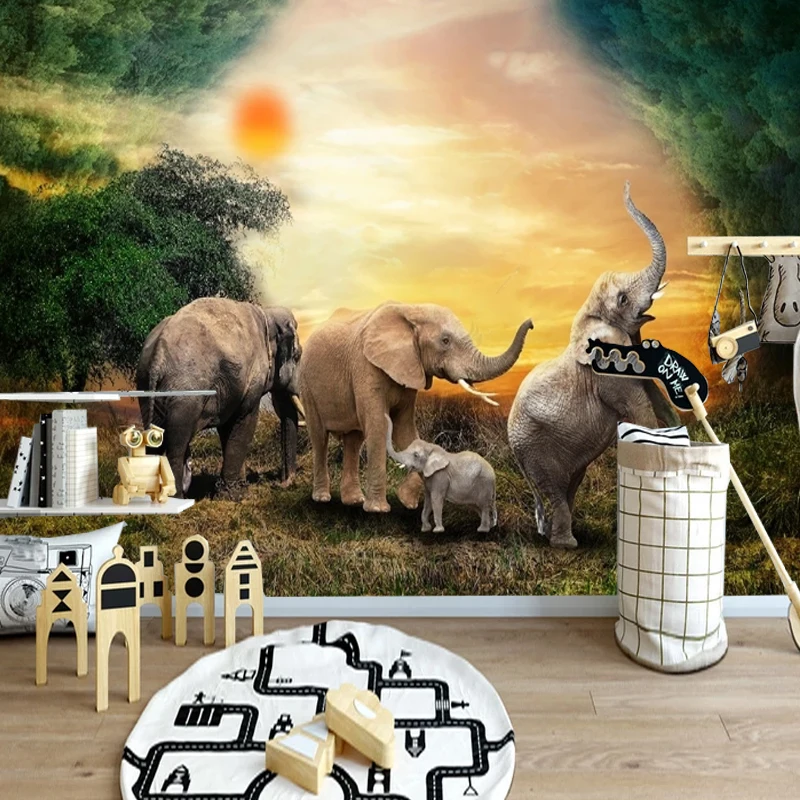 

Dreamy and beautiful elephant herd 3D Wallpaper landscape TV background wall, which can be used for the background wall decorati
