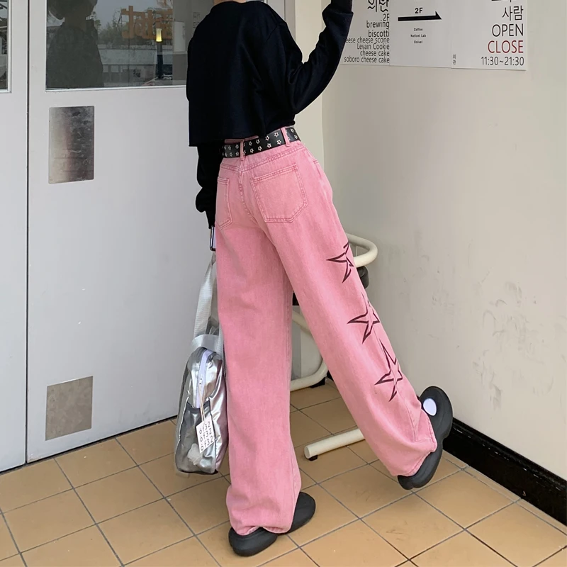 American Retro Pink Jeans Women Fashion Streetwear Star Print Wide Leg Pants Straight Denim Baggy Trousers Trend 2023 New