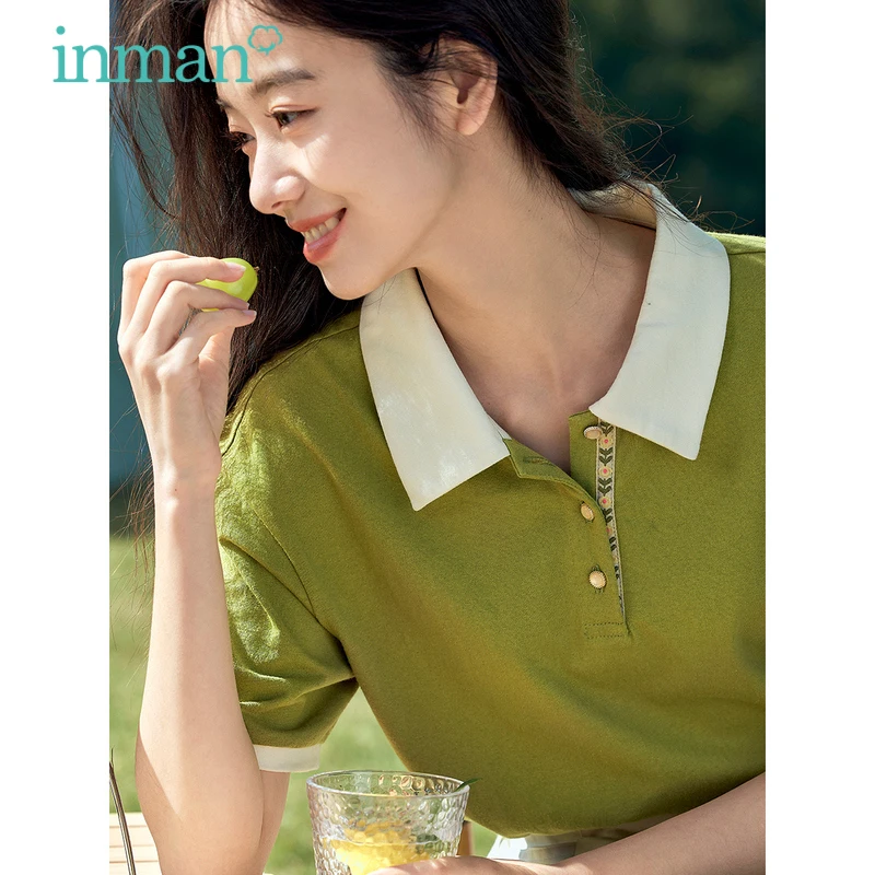 INMAN Women T-shirt 2023 Summer Short Sleeves Polo Neck Loose Tees Contrasting Colors Casual All-match Green Orange Tops