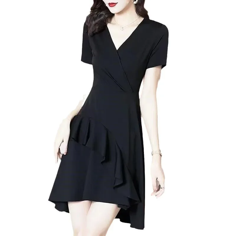 Hebonfand лето 2024 новое утягивающее платье с талией женское элегантное черное