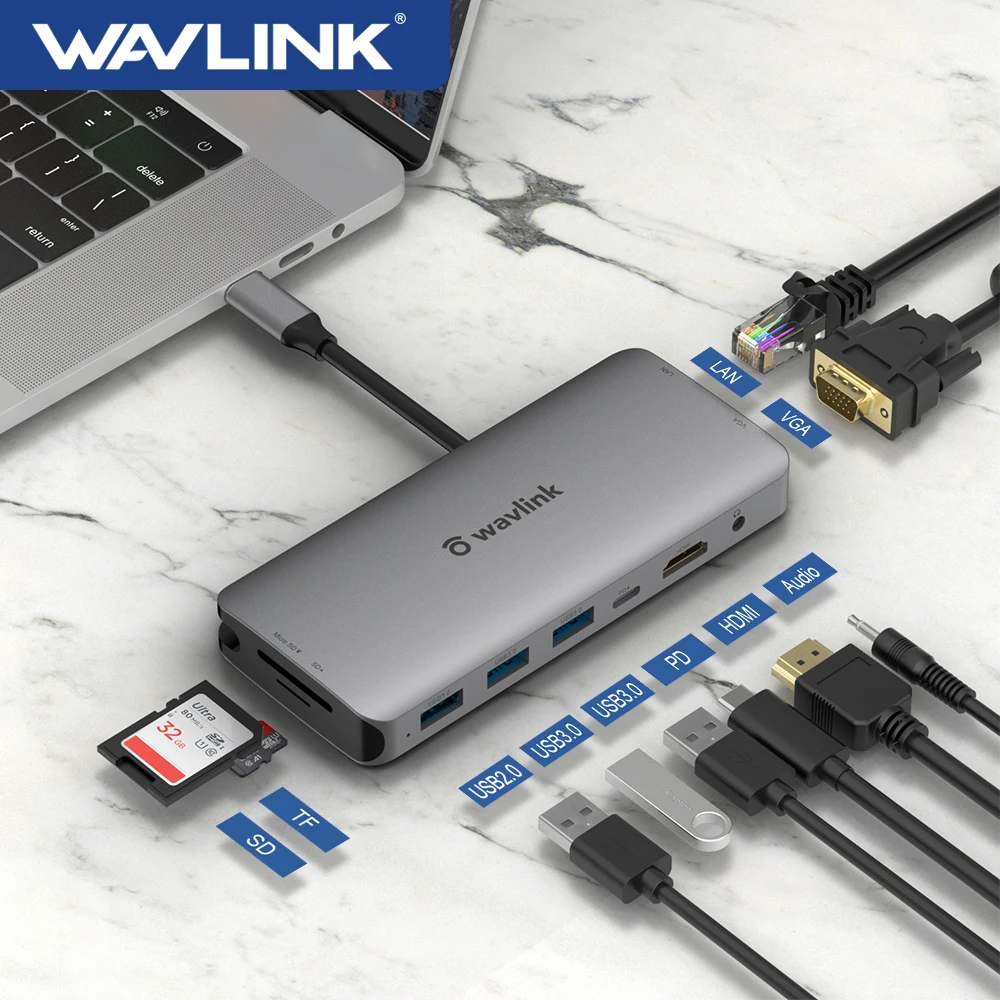 USB-концентратор Wavlink usb-c/HDMI VGA 4K 30 Гц USB 3 0 Разветвитель RJ45 PD Type-C 1 для ноутбуков MacBook