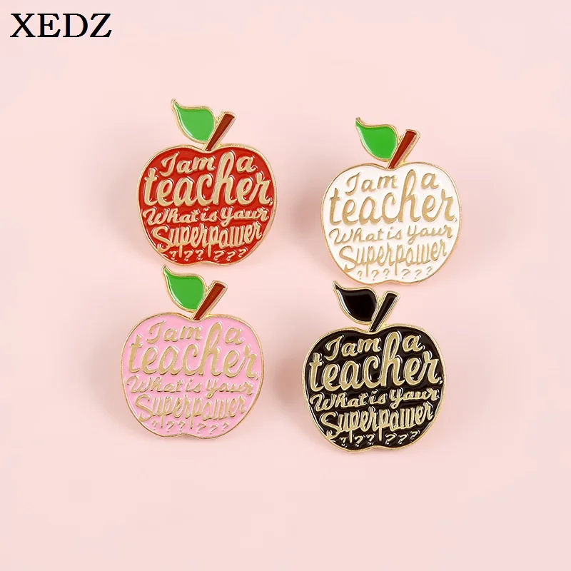 

4 Styles of Apple Enamel Brooch Teacher Super Brooch Badge Denim Bag Badge Cartoon Fruit Jewelry Gifts for Teachers and Friends