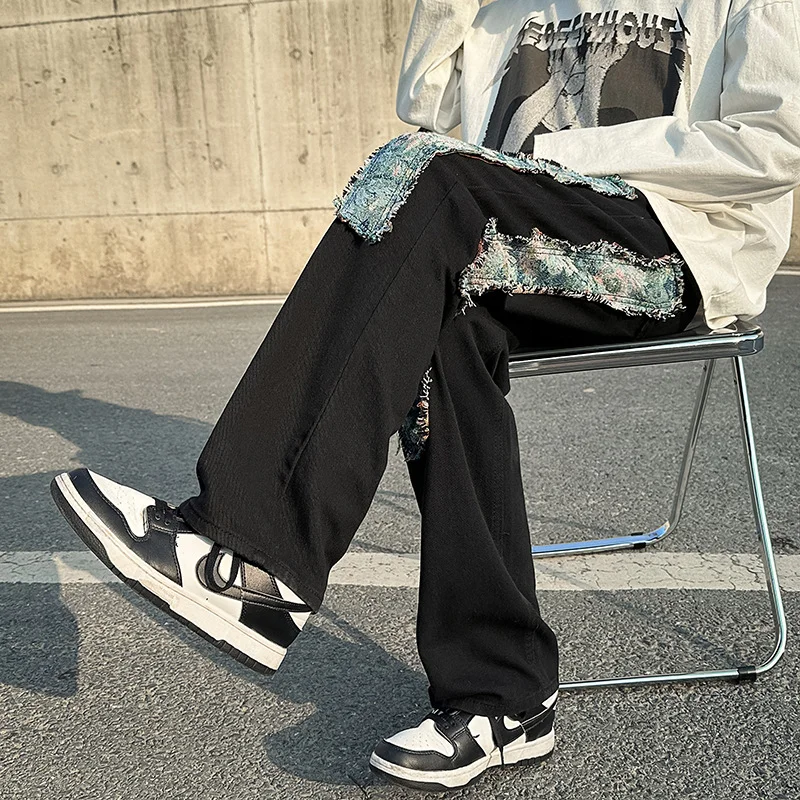 DEEPTOWN Patchwork Straight Jeans Men Streetwear Loose Denim Pants Casual Hip Hop Black Trousers Male Classic Fashion Spring