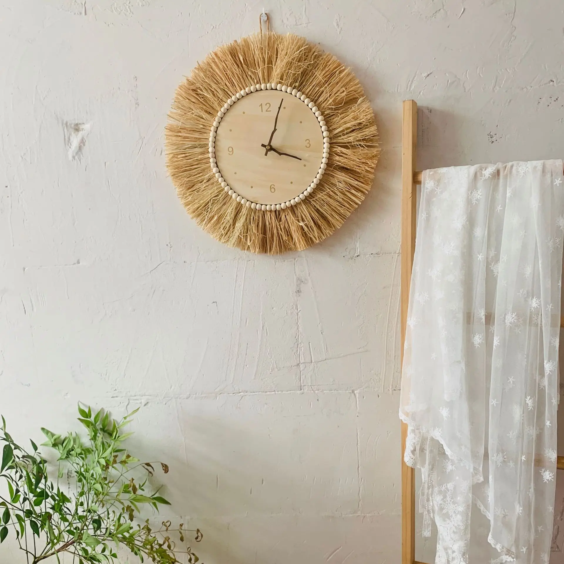 

Ins Nordic Handmade Raffia Weaving Mute Wall Clock Wall Decoration Living Room Bedroom Background Wall Wall Decoration Clock