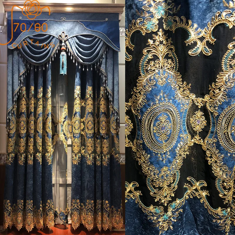 

European-style High-grade Chenille Embroidery Hollow Thickened Blackout Curtains for Living Room and Bedroom Finished Products