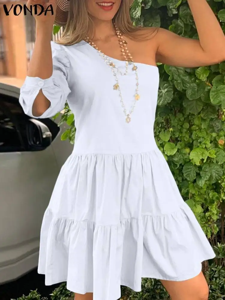

VONDA Bohemian Femme Vestidos Oversized Robes One Shoulder One Shoulder Solid Party Dresses Summer Women Long Sleeve Mini Dress