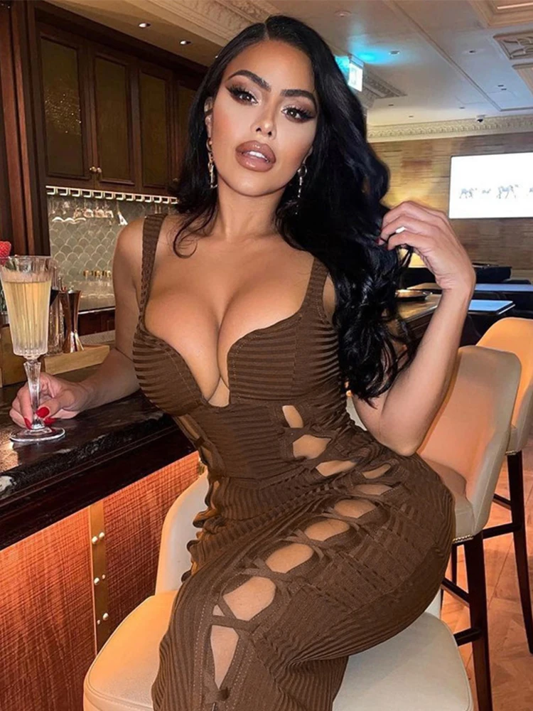 

New Summer Women Dress Hollow Out Elegant Female Bodycon Party Dresses Slim V Neck Sexy Midi Robe Woman Clothes Beach Vestidos