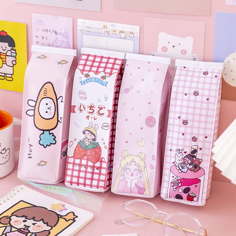 

1PCS Small Fresh Plaid Milk Bottle Pencil Case Office Stationery and School Supplies High Capacity PU Material Pencil Bag