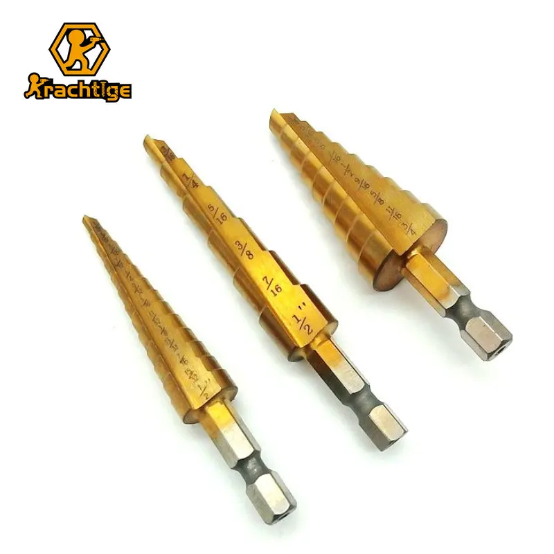 Krachtige 3pc HSS Step Drill Bit Set M2 28 Sizes Industrial Reamer 1/8-3/4 titanium coated drill bits